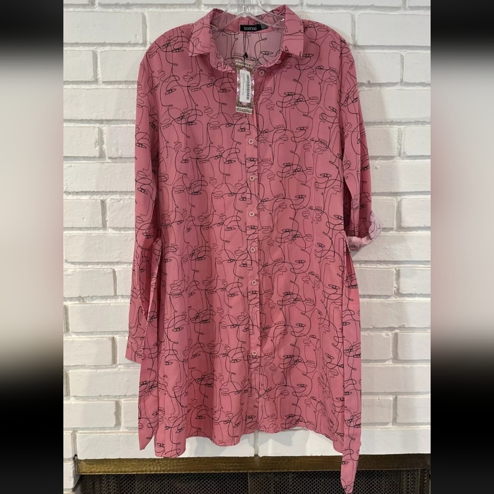 Boohoo Tall UK Abstract Face pattern shirt dress with belt